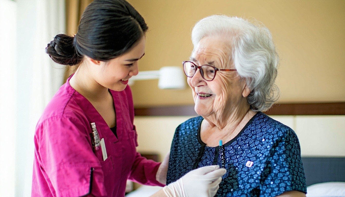 Elderly caregiver assisting an elderly person with daily activities