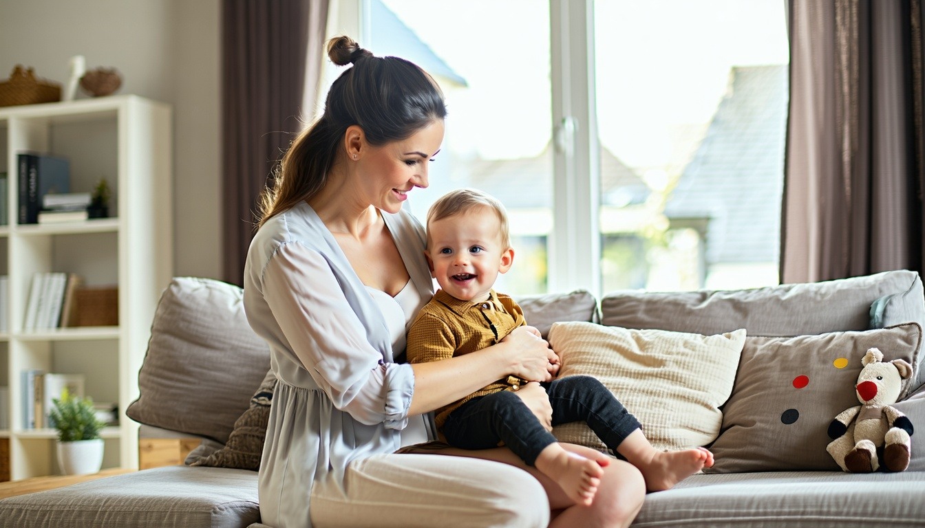 Nanny caring for a child in a cozy home environment